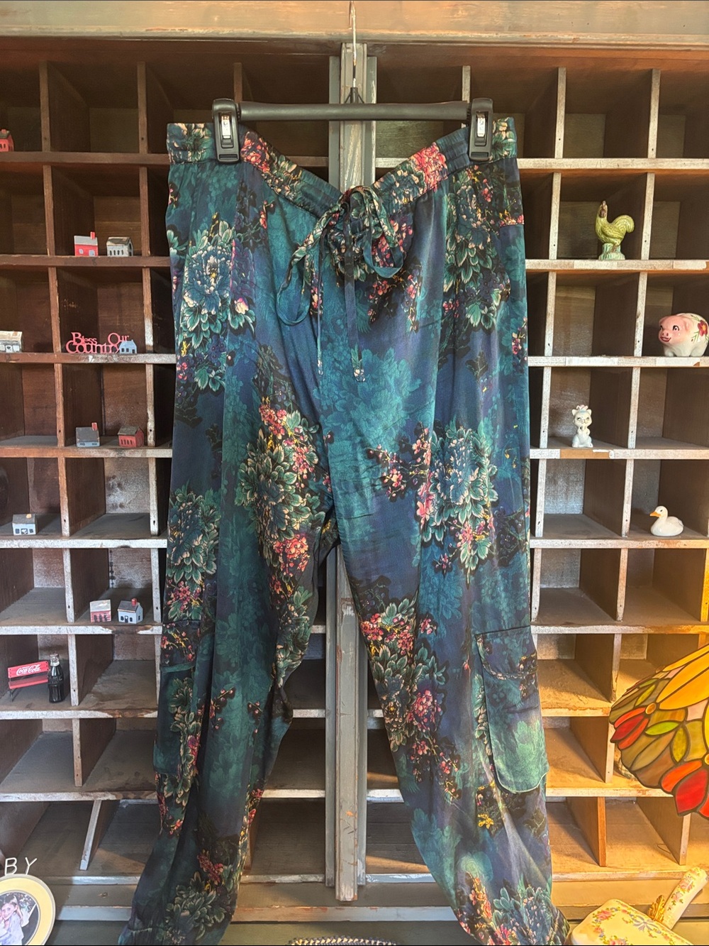 Johnny Was Teal Floral Drawstring Joggers